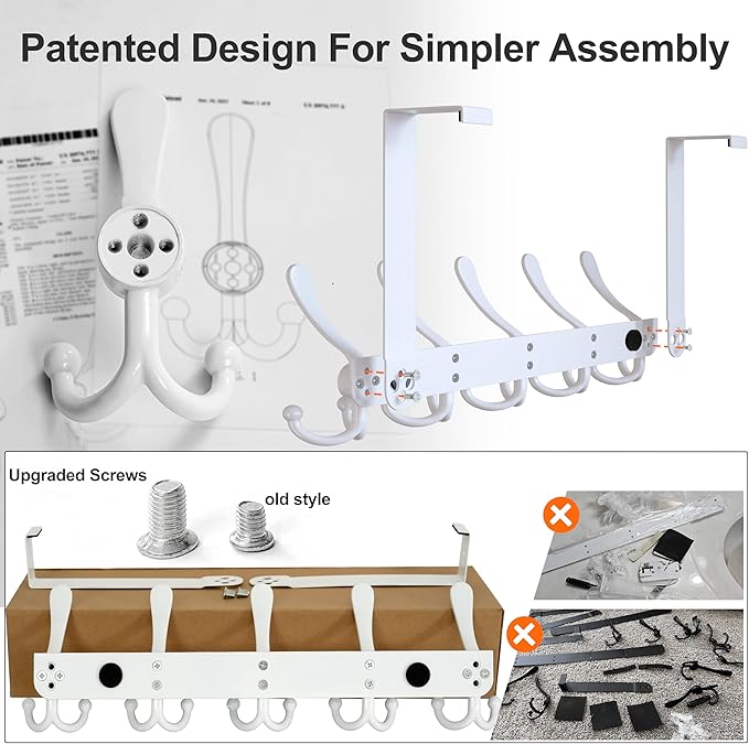 Dseap Over Door Hook 2.0 - Upgraded Version - Simple-Assembly, Strong, Heavy-Duty Stainless Steel 5-Tri-Hook Over The Door Hanger Rack, SimpleStrong Series, White