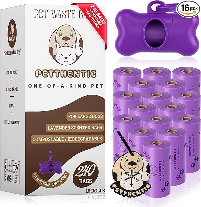 Biodegradeable Dog Poop Bags Rolls with Dispenser & Holder – Scented, Leak-Proof & Eco-Friendly Cornstarch Waste Bags for Dogs & Cats, Strong & Easy to Use, Includes Poop Bag Clip