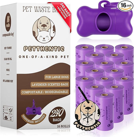 Biodegradeable Dog Poop Bags Rolls with Dispenser & Holder – Scented, Leak-Proof & Eco-Friendly Cornstarch Waste Bags for Dogs & Cats, Strong & Easy to Use, Includes Poop Bag Clip