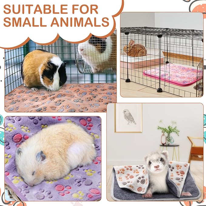 Reginary 4 Pcs Waterproof Guinea Pig Blankets Washable Small Animal Fleece Bedding Guinea Pig Cage Liners Reusable Training Pads Pet Pee Pad Sleep Mat for Hamster(Paw Print,24 x 47 Inch)