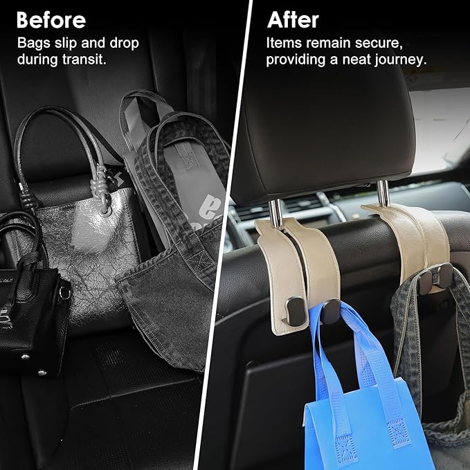 KINIVA 4 Pack Car Seat Hooks for Headrest, PU Leather Purse Hook Holder - Double Hook Design for Bags, Phones, Groceries, Car Back Seat Storage Accessories (06-White 4 Pcs)