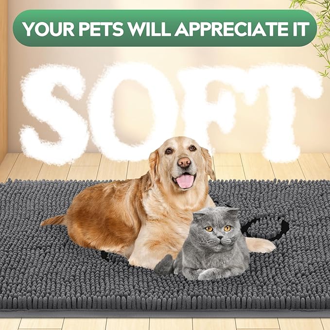 Dog Door Mat for Muddy Paws, Pet Rug Chenille Absorbent Outdoor Doormat 30"x 20", Non Slip Heavy Indoor Doormat Soft Front Inside Doormats for Entryway, Mud Paws, Patio,Dog Paw Black Grey