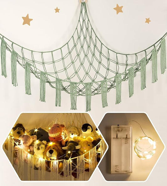 Stuffed Animal Hammock Corner Storage with LED Light - Toy Hammock Large Plushie Net - Stuffed Animal Holder Hanging Organizer - Teddy Bear Hammocks Room Decorations Preppy Toddler Kids Room Decor