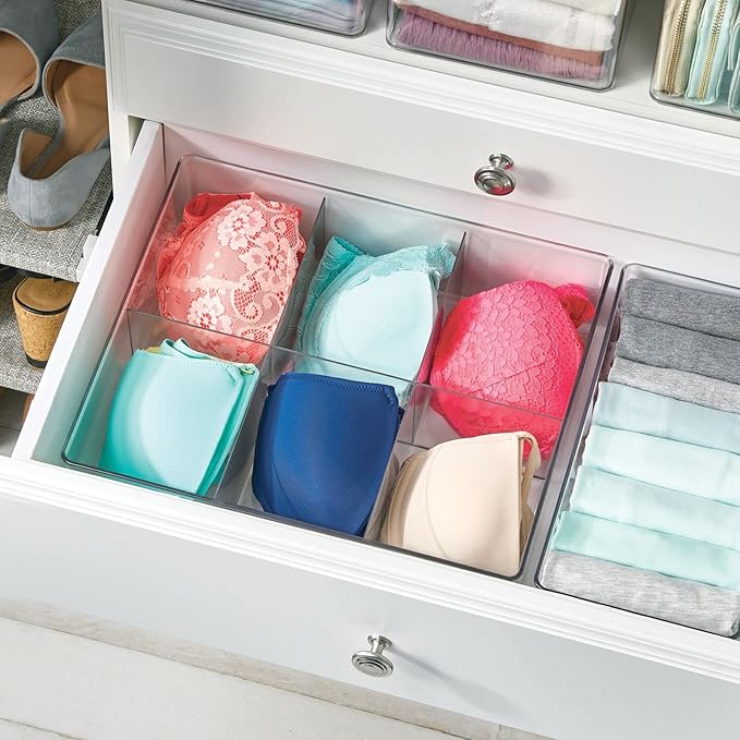mDesign Plastic 6 Compartment Dresser Drawer Divided Organizer Bin for Scarves, Socks, Bras, Hair Ties, Belts, Underwear - Closet Shelf Storage Organization, Lumiere Collection, Clear