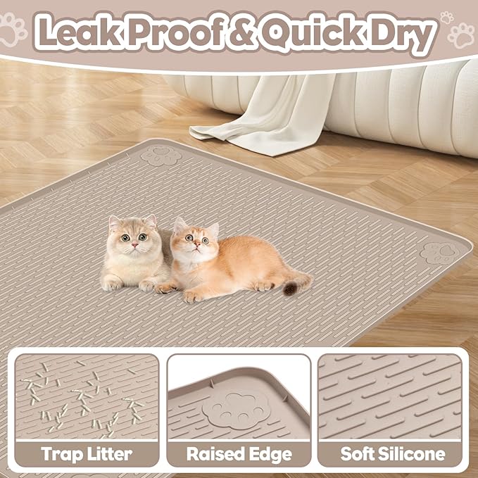 Bartuke Cat Litter Mat, Extra Large 40" x 28" Silicone Mat Litter Trapping Mat for Scatter Control, Soft on Kitty Paws, Easy to Clean (Khaki)