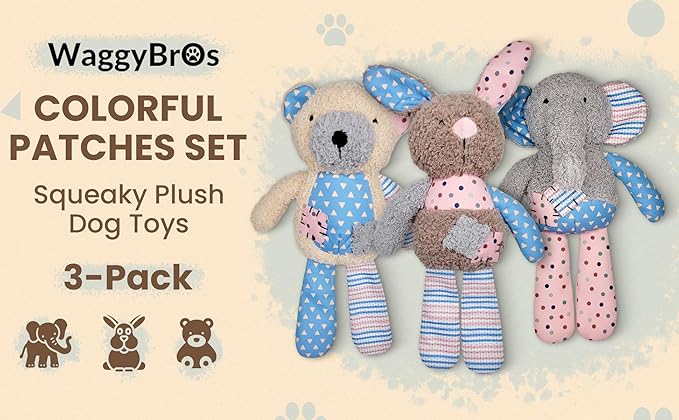 WaggyBros Colorful Patches Set - Bear, Bunny, Elephant, Squeaky Plush Dog Toys, All Bread Sizes, Toys, 3-Pack
