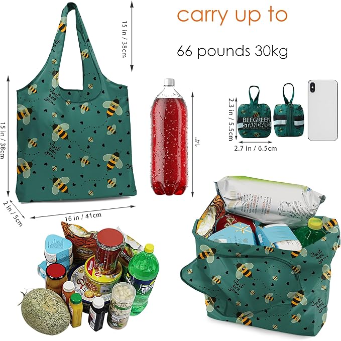 BeeGreen Bee Reusable-Grocery-Bags-Foldable-Machine-Washable Green Shopping-Bags Extra Large Reusable Bags Totes 66 Lbs Ultra-Lightweight Polyester Fabric