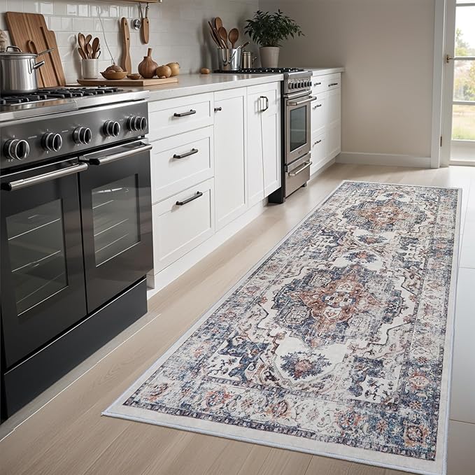 Hallway Washable Runner Rug - 3x6 Kitchen Rugs Entryway Rug Runner Vintage Soft Floor Mat Non Slip Indoor Farmhouse Carpet for Bathroom Living Room Bedroom (3 X 6, Brick)