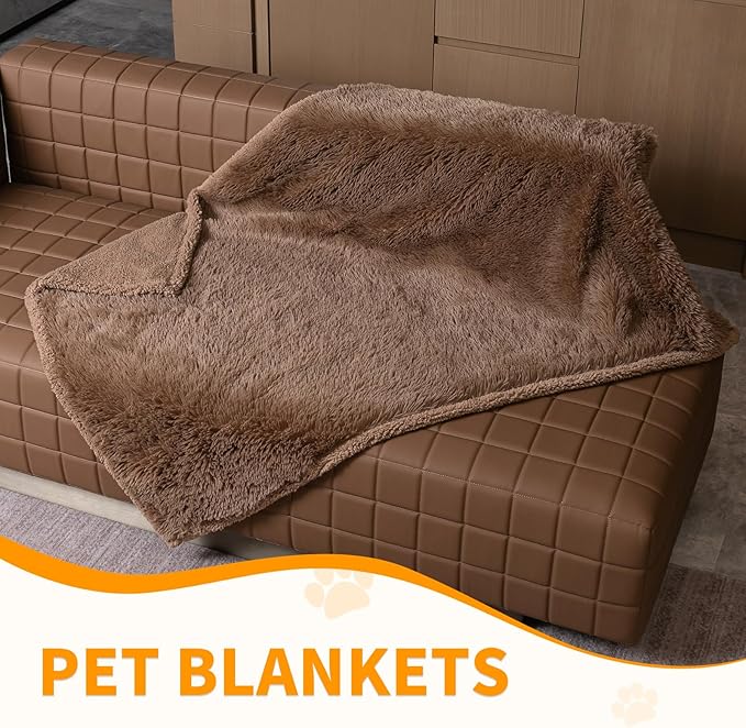 Wowchine Brown Long Faux Fur Pet Throw Blankets Waterproof Dogs Calming Blanket Cat Puppy Couch Cover Love Bed Covers Washable (Brown,S)