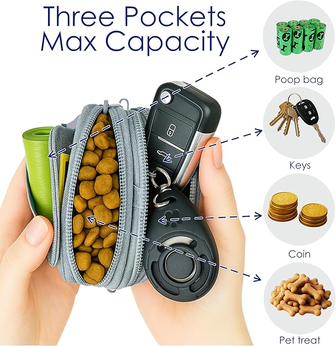 Raisingwell Dog Treat Pouch for Pet Walking and Training with Clicker Poop Bags and Three Bags Design Small Fanny Zipper Pack Holder for Puppy Snack Dispenser Kit for Leash and Outdoor Use (Gray)