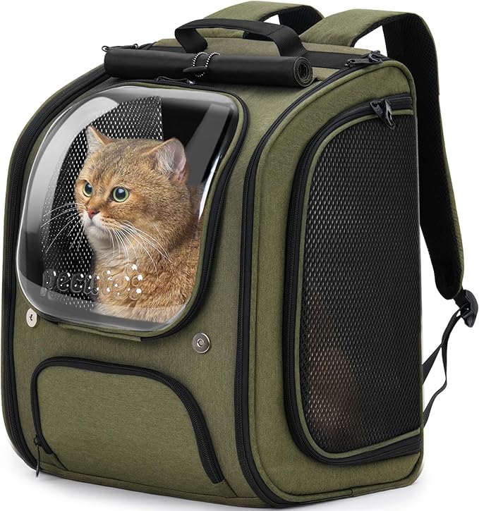 Pecute Cat Backpack Carrier, Large Space Cat Bubble Backpack, Breathable Cat Carrier, Shaded Dog Backpack Carrier, Ergonomic 3D Design for Travel, Hiking, Walk, Suitable for Shopping, Car, Vet, Green