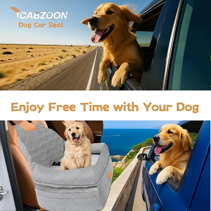 CABZOON Dog Car Seat for Small/Medium Dogs Up to 35lbs,Elevated Cushion Fits in Front/Back Seat,Travel Safety Per Car Bed with Washable Removable Cover, Storage 2 Pockets Grey
