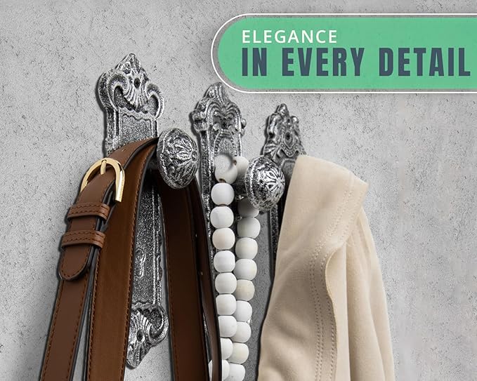 Comfify Shabby Chic Cast Iron Decorative Wall Mounted Hooks – Silver/Black - Door Knob Coat Hooks - Set of 3 - Screws and Anchors Included - Antique Wall Hooks for Hanging Clothes