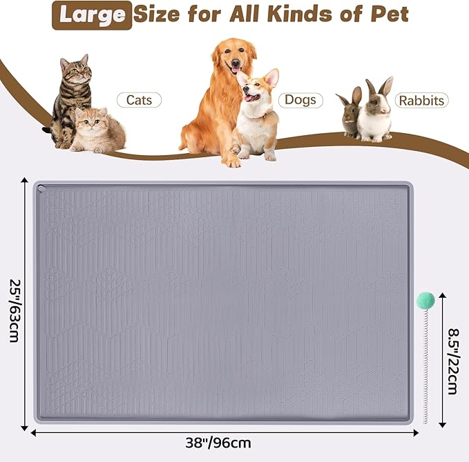 Cat Food Mat with Toy Ball, 38'' x 25'' Extra Large Silicone Pet Feeding Mat with Raised Edge Pet Placemat for Food and Water Bowl Non-Slip, Easy to Clean, Floor Protection (Grey)