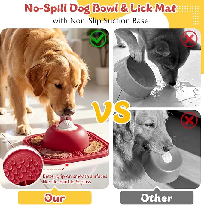 Slow Feeder Dog Bowls & Lick Mat for Liquid and Thick Treat, Anti-Slip Dog Lick Bowl with Interactive Rolling Ball, 5/6 Cup Pup Licking Toy for Large Medium Small Dogs and Cats Red