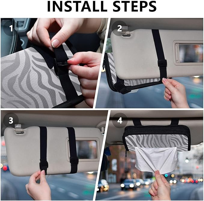 Car Tissue Holder Car Napkin Holder Car Tissue Box Dispenser Storage Case Sun Visor Mask Holder with Adjustable Straps Reusable Refillable Light Silvery Zebra Print