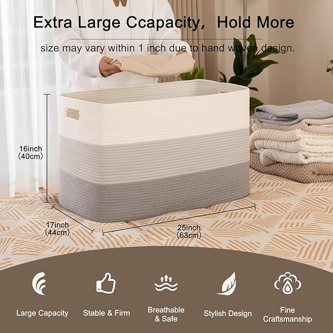 OIAHOMY 118L Extra Large Blanket Basket, Rectangle Woven Cotton Rope Storage Basket, Used for storing Dirty Clothes, Stuffed Animal Toy Storage for Living Room,Kids Room,25" x 17" x 16", Gradient Grey