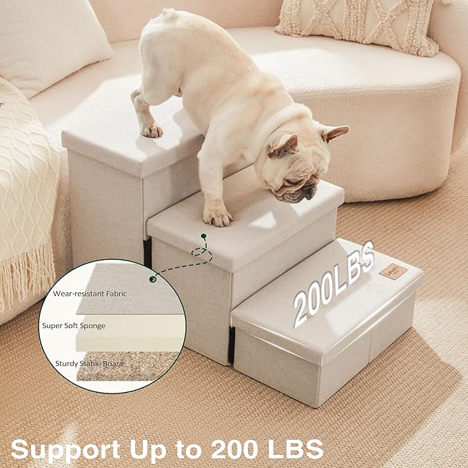Love's cabin Dog Stairs for High Bed 18" H,Foldable Pet Stairs for Small Medium or Large Dogs Puppy with Storage for Bed or Couch, Cat Dog Steps Ramp with Zip up to 200 lbs(Beige,3 Steps no Condo)