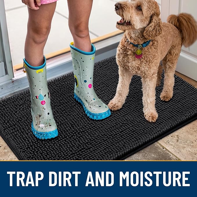 Smiry Dog Door Mat for Muddy Paws 44x32, Absorbs Moisture and Dirt Doormat, Non-Slip Washable Quick Dry Chenille Front Door Mat Indoor Entrance, Entryway Carpet for Inside Floor, Black