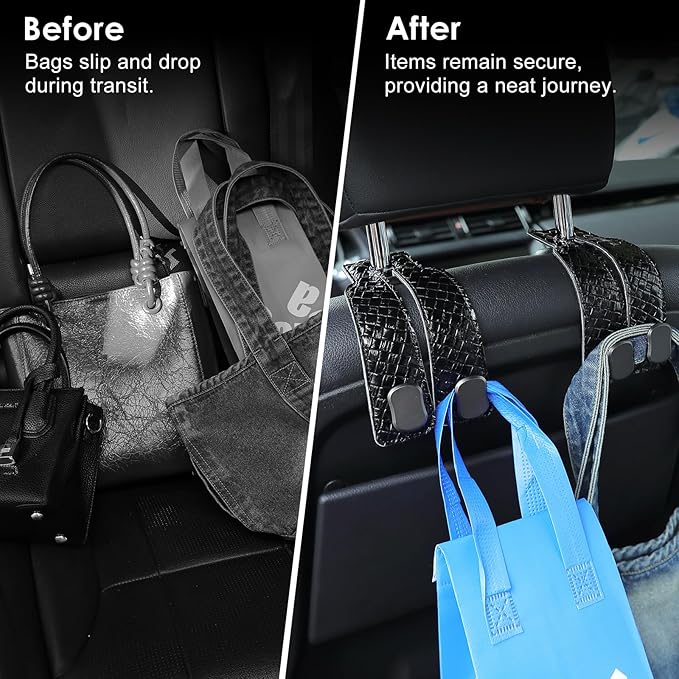 KINIVA 4 Pack Car Seat Hooks for Headrest, PU Leather Purse Hook Holder - Double Hook Design for Bags, Phones, Groceries, Car Back Seat Storage Accessories (07-Black 4 Pcs)