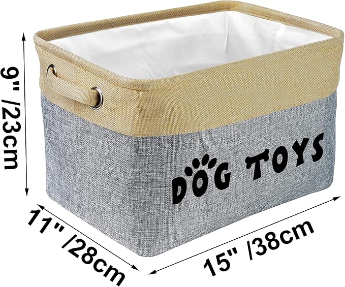 PET ARTIST Dog Toy Basket, Collapsible Dog Toy Bin Box with Comfortable Handles, Large Pet Toy Storage Basket Organizer for Accessories, Toys, Coat & Clothing, Blanket & Leash, Gray, 15"x11"x9"