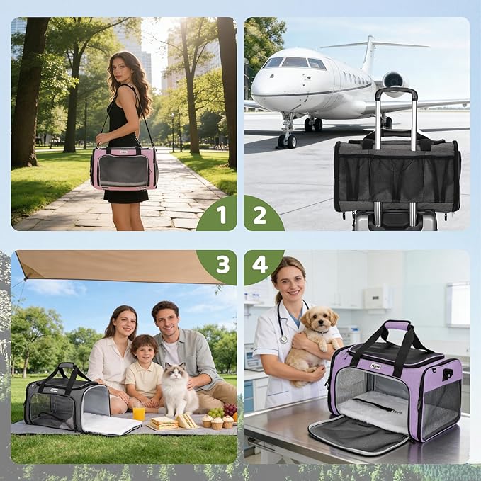 Pet Carrier for Cats & Small Dogs, Travel Carrier with Anti-Collapse Support, Chew Resistant Buckles, Luggage Sleeve, Multi-Pocket Storage, Reversible Mat & Bowl (Black, Medium (17.5"x11"x11.5"))