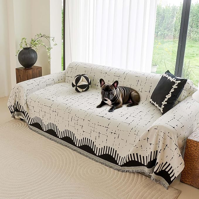 Couch Cover for 3 Cushion Sofa Pet Friendly Furniture Covers, Chenille Sofa Covers Washable L Shape, Boho Couch Blanket Cover with Tassel Decoration, 71"x 134", Beige