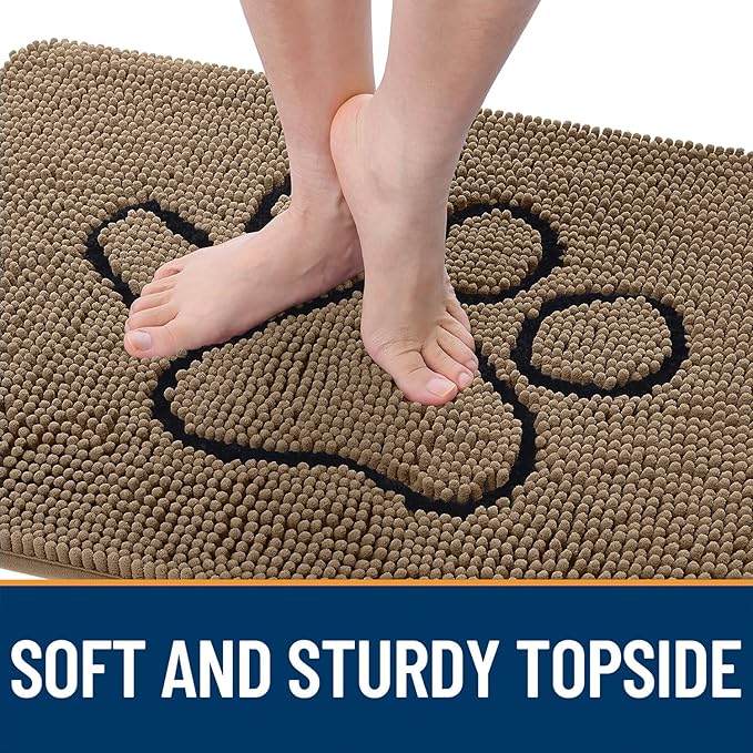 OLANLY Dog Door Mat for Muddy Paws 47x24, Paw Print Design, Absorbs Moisture and Dirt, Absorbent Non-Slip Washable Doormat, Quick Dry Chenille Mud Mat for Dogs, Entry Indoor Entryway Carpet, Tan