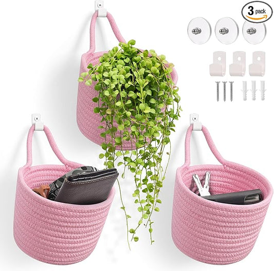 Fabric Wall Hanging Baskets - 3Pack Woven Pouchs Boho Style Wall Mounted Bag with Adhesive Hooks, Storage Organizers and Decoration Pocket Caddy Bins on Door Rack (Bright Pink & White, Large)
