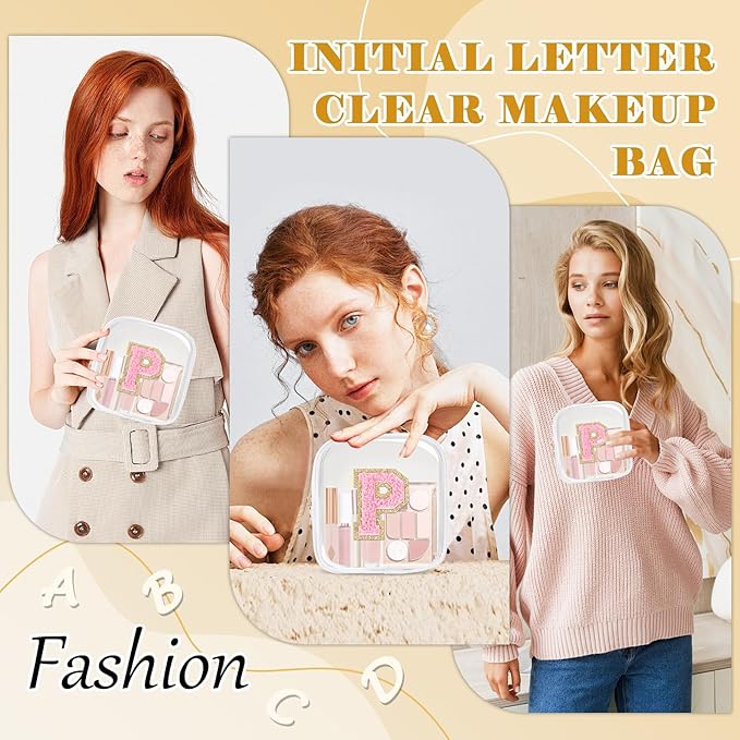 Personalized Initial Letter Clear Preppy Makeup Bag,Mini Nylon Chenille Letter Cosmetic Bag Cute Zipper Pouch Purse for Teen Girls,Portable TSA Approved Beach Travel Essentials Bag Gift for Women,P
