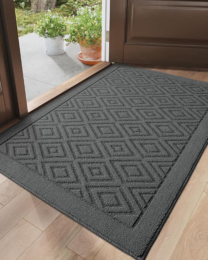 DEXI Front Door Mat for Entryway, 32x48 Washable Entry Rugs with Non Slip Backing, Low Profile Absorbent Welcome Floor Doormat for Inside Home, Entrance, Dark Grey
