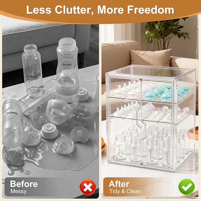 ERTIUANIO Baby Bottle Organizer – 3 Tier Acrylic Bottle Storage Organizer Container, Clear Plastic Bottle Station Organizers Drawers with Double Magnetic Doors for Countertop Kitchen Vanity, Bathroom