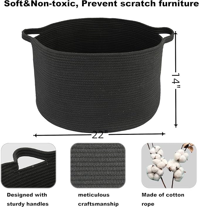 XUANGUO Extra Large Cotton Rope Basket Blankets Basket Living Room 22"x14" Toy Baskets for Kids and Dogs Rope Storage Baskets for Nursery Woven Laundry Baskets for Clothes Towels round black
