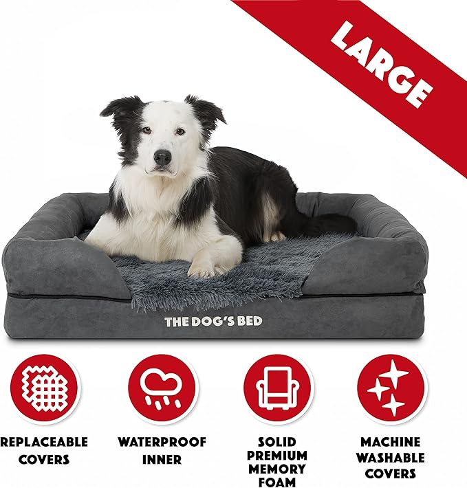 The Dog’s Bed, Large Grey Fur, Memory Foam, Pain Relief: Arthritis, Hip & Elbow Dysplasia, Post Surgery, Lameness, Supportive, Calming, Waterproof Washable Cover, Veterinary Approved