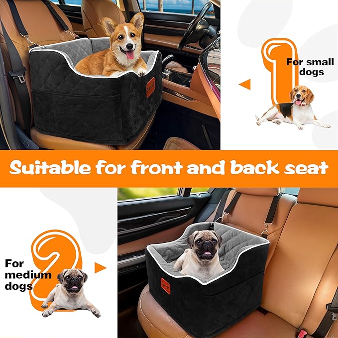 Dog Car Seat for Small Medium Dogs, Detachable Washable Dogs Booster Seat Under 35lbs, Elevated Dog Car Bed with Storage Pockets (Black Grey, One Size)