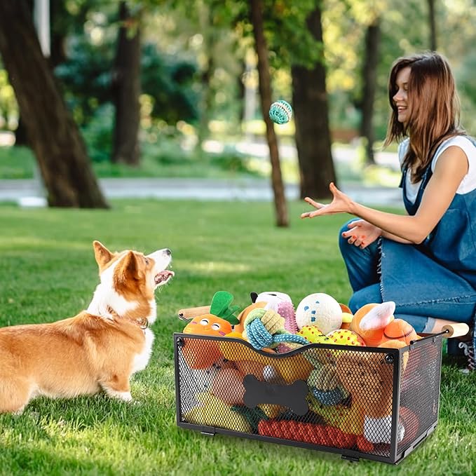 Metal Dog Toy Basket Medium,Mesh Wire Baskets for Pet Toy,Collapsible Cat Toy Bin with Wooden Handles,Dog Storage Organizer,Ideal for Dog Cat Accessories-Easy Assemble