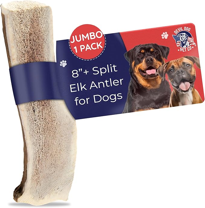 Devil Dog Pet Co. Split Elk Antlers for Dogs, Jumbo 8"+, 1 Pack, Grade A Long Lasting Chew for Aggressive Chewers, Premium USA Naturally Shed Antler – Healthy, No Odor, Durable Dog Chew