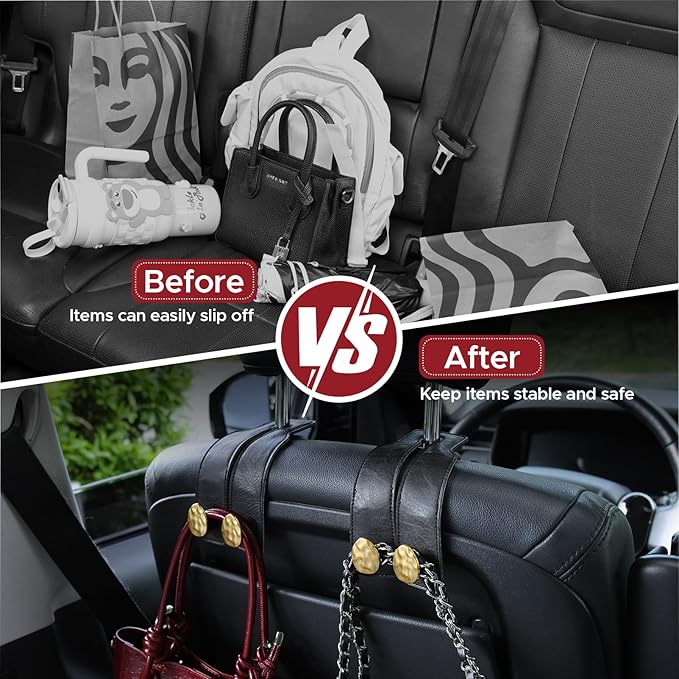 4 PCS Leather Car Seat Hooks for Headrest, Vehicle Hanger Storage Organizer Universal for Handbag Purse, Car Accessories Gift (Black-Gold-4 PCS)