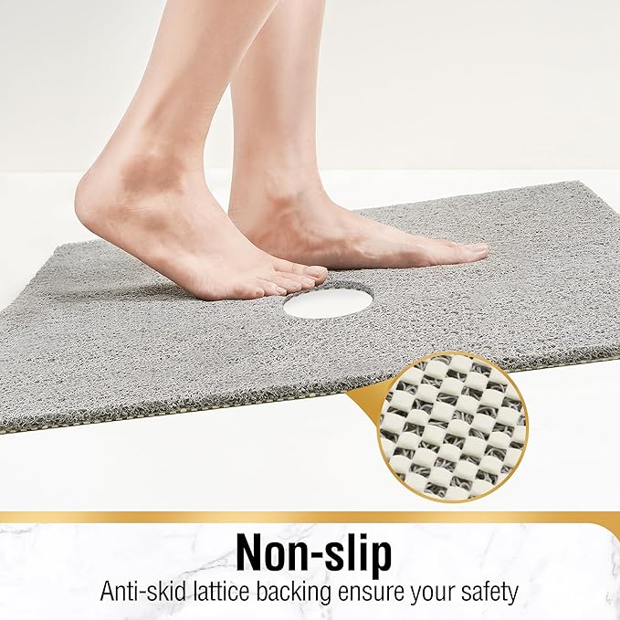 HITSLAM Square Shower Mat, 40 x 40 Inch Non Slip Bath Mat for Tub, Soft PVC Loofah Bathtub Mats with Drain Holes, Quick Drying Bathroom Stall Floor Mat, Bathroom Accessories Without Suction Cup, Grey