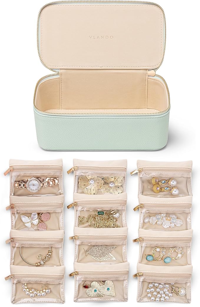Vlando Jewelry Travel Case,Travel Jewelry Organizer with Clear Velvet Jewelry Bags 12Pcs Zipper Pouch for Women-Mint Green