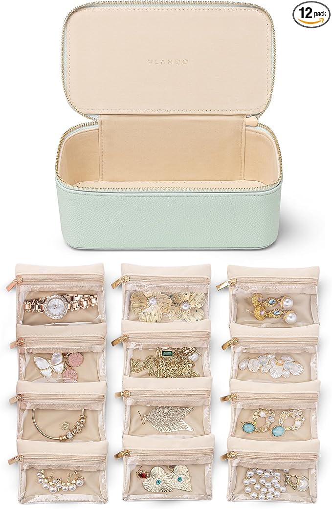 Vlando Jewelry Organizer with 12 Velvet Jewelry Bags Travel Jewelry Case for Girls Premium Petal Hardware Jewelry Box Necklace Rings Earrings Bags Birthday Christmas Gifts for Self-Mint Green