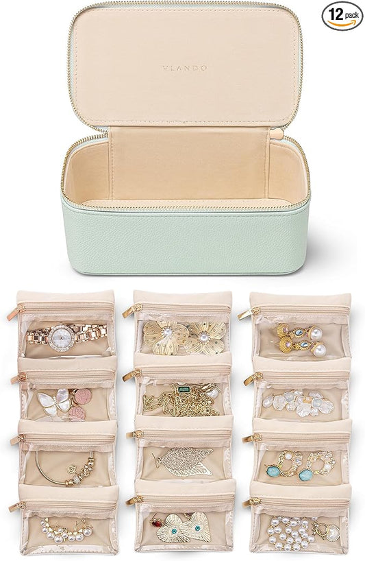 Vlando Jewelry Organizer with 12 Velvet Jewelry Bags Travel Jewelry Case for Girls Premium Petal Hardware Jewelry Box Necklace Rings Earrings Bags Birthday Christmas Gifts for Self-Mint Green