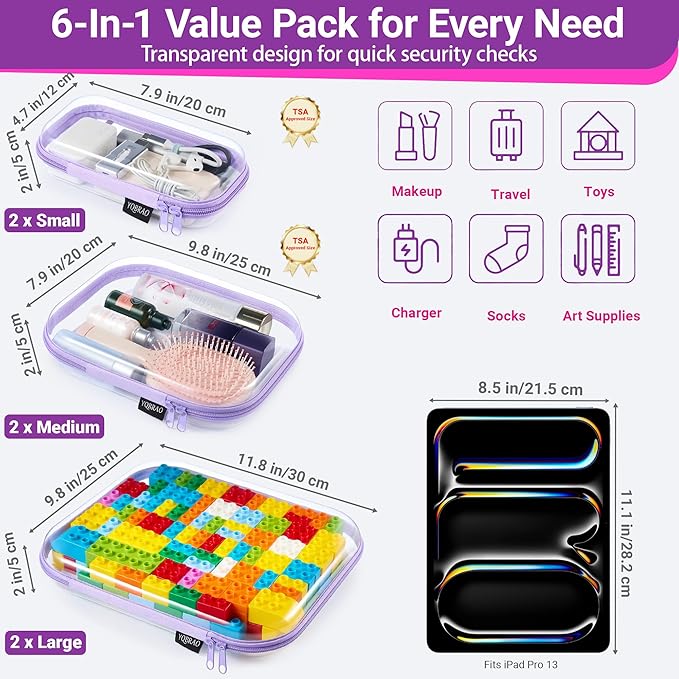 YQBRAO 6 Pack Royal Purple Clear Hard Shell Zipper Case, 1.2mm Heavy Duty Art Supply & Cosmetic Bags, Crush-Proof Storage Pouches for Hobbies, Tech & Makeup (2L, 2M, 2S)
