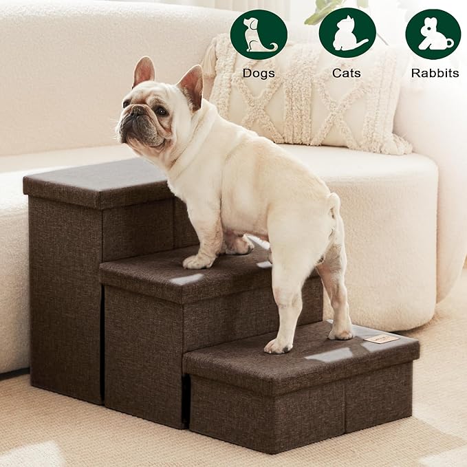 Love's cabin Dog Stairs for High Bed 18" H,Foldable Pet Stairs for Small Medium or Large Dogs Puppy with Storage for Bed or Couch,Cat Dog Steps Ramp with Zip up to 200 lbs(Coffee,3 Steps no Condo)