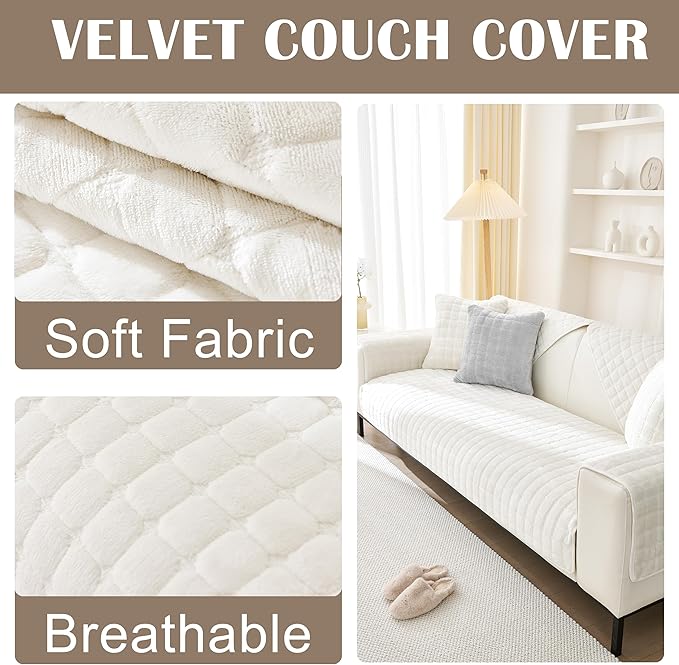 KaviKon Couch Cover for 1 Cushion, Velvet Fuzzy Sofa Slipcovers for Armrest Headrest, Non-Slip Recliner Armchiar Sofa Cover, Couch Protector for Pet Washable, White, 36"X36" (Only 1 Pcs)