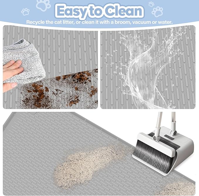 Bartuke Cat Litter Mat, Extra Large 40" x 28" Silicone Mat Litter Trapping Mat for Scatter Control, Soft on Kitty Paws, Easy to Clean (Gray)