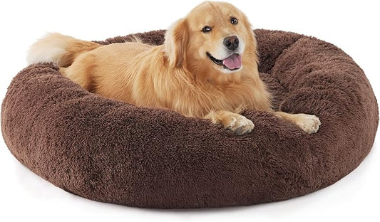 Bedsure Calming Dog Bed for Extra Large Dogs - Donut Washable Large Pet Bed, Anti-Slip Round Fluffy Plush Faux Fur Dog Bed, Fits up to 120 lbs Pets, Coffee, 45 inches