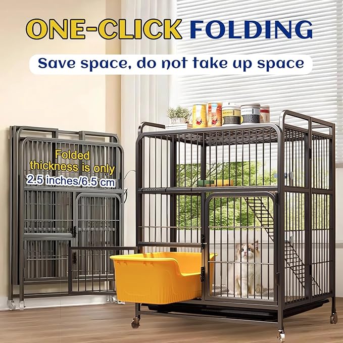 Collapsibles Cat Cages Indoor,Portable Cats Enclosures 2/3/4-Tier,Heavy-Duty Cat Playpens with Universal Wheels,Large Metal Animal cage Pet Crate No Assemblys Required (Black, 2-Tier (No Litter Box))