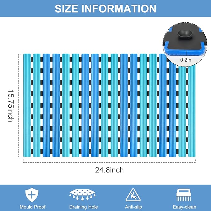 Yolife Quick Drain Shower Mat, 24.8 x 15.8 inch Power Grip Shower Mat Non Slip, Raised Non Slip Shower Mats for Inside Shower, Heavy Duty Curlable Stand up Shower Floor Mat,Blue