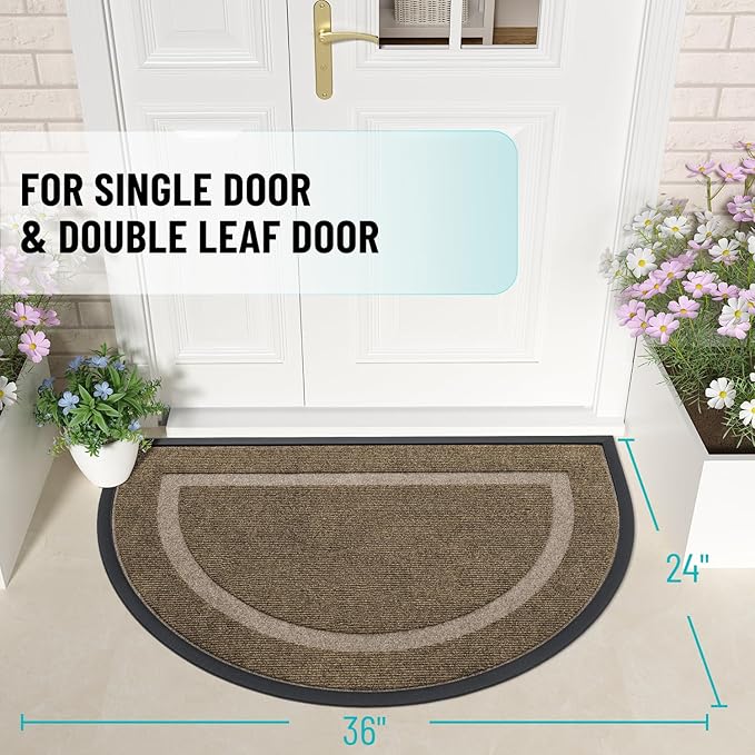 OLANLY Half Circle Door Mat Indoor Outdoor Entrance Welcome, Waterproof All-Season, All-Weather Doormat, Sturdy Natural Rubber, Low Profile, Easy Clean Patio Porch Entryway Mat, 35x23, Brown